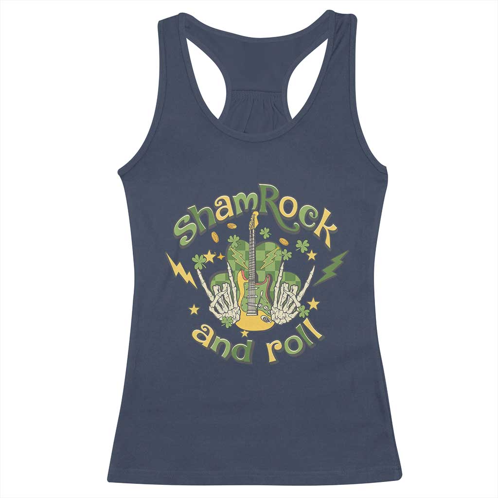 Funny St Patricks Day Racerback Tank Top Shamrock 'N Roll Irish Music Rocking Skeleton Hand with Guitar TS02 Navy Print Your Wear