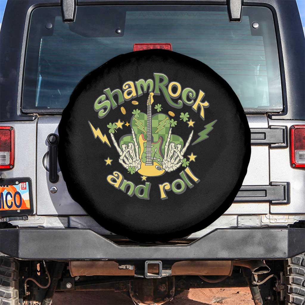 Funny St Patricks Day Spare Tire Cover Shamrock 'N Roll Irish Music Rocking Skeleton Hand with Guitar TS02 No hole Black Print Your Wear