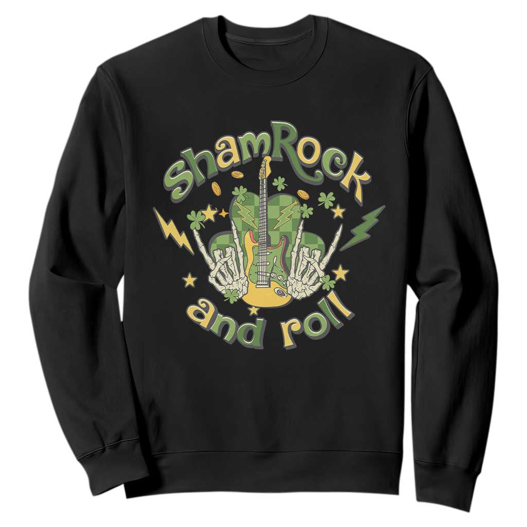 Funny St. Patricks Day Sweatshirt Shamrock 'N Roll Irish Music Rocking Skeleton Hand with Guitar TS02 Black Printyourwear