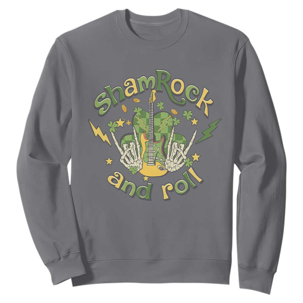 Funny St. Patricks Day Sweatshirt Shamrock 'N Roll Irish Music Rocking Skeleton Hand with Guitar TS02 Charcoal Printyourwear