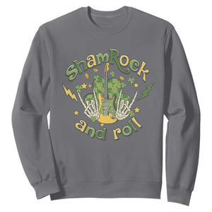 Funny St. Patricks Day Sweatshirt Shamrock 'N Roll Irish Music Rocking Skeleton Hand with Guitar TS02 Charcoal Printyourwear