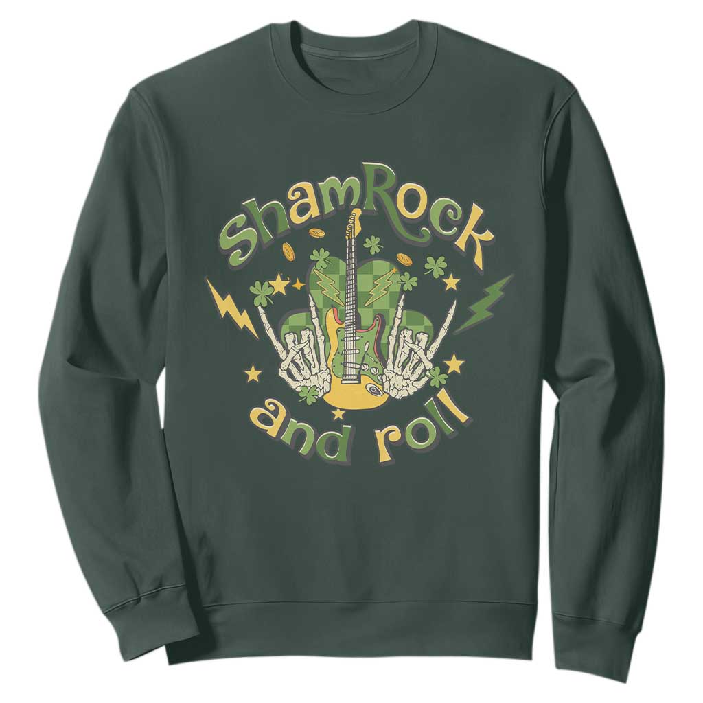 Funny St. Patricks Day Sweatshirt Shamrock 'N Roll Irish Music Rocking Skeleton Hand with Guitar TS02 Dark Forest Green Printyourwear