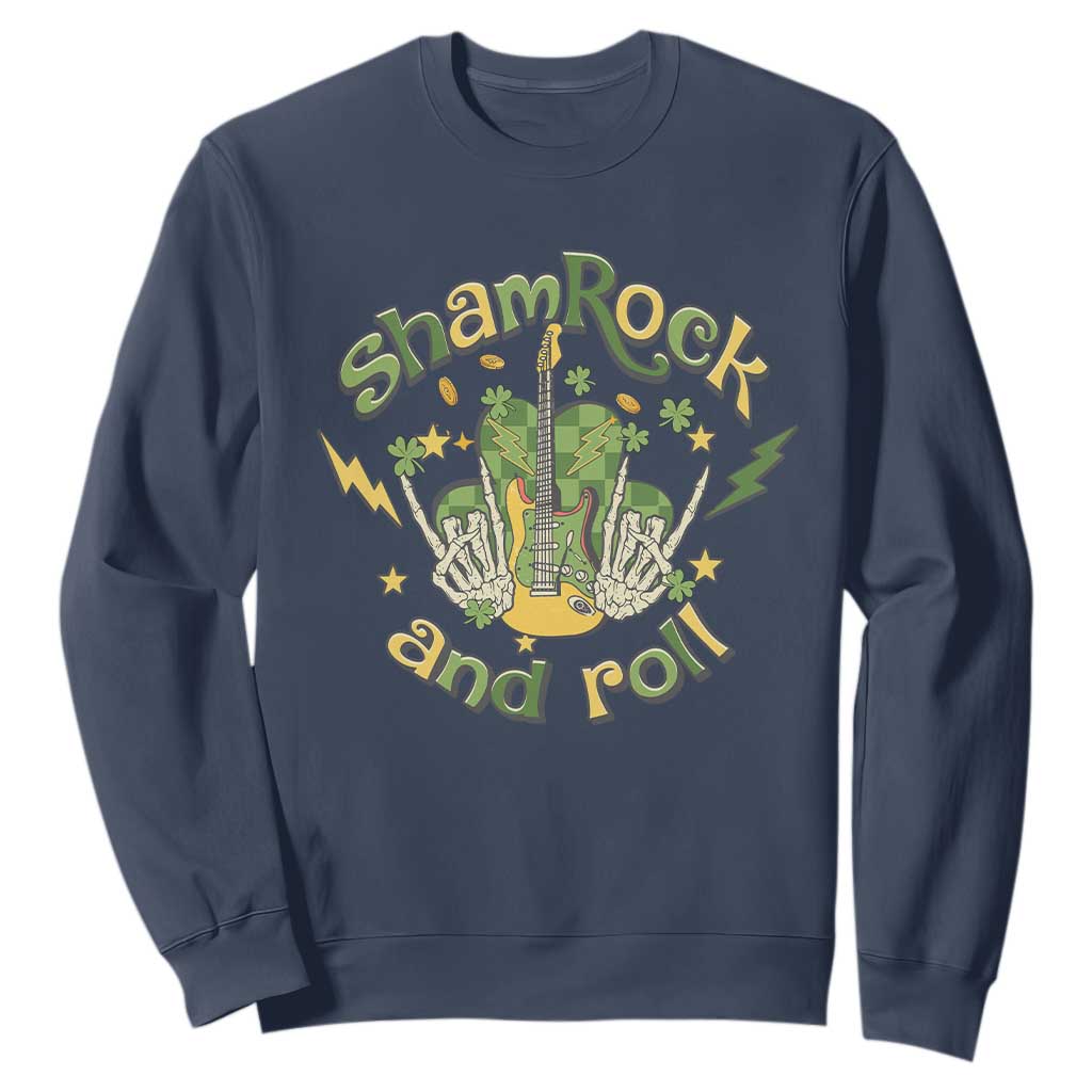 Funny St. Patricks Day Sweatshirt Shamrock 'N Roll Irish Music Rocking Skeleton Hand with Guitar TS02 Navy Printyourwear