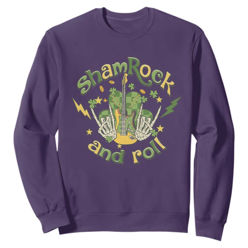 Funny St. Patricks Day Sweatshirt Shamrock 'N Roll Irish Music Rocking Skeleton Hand with Guitar TS02 Purple Printyourwear