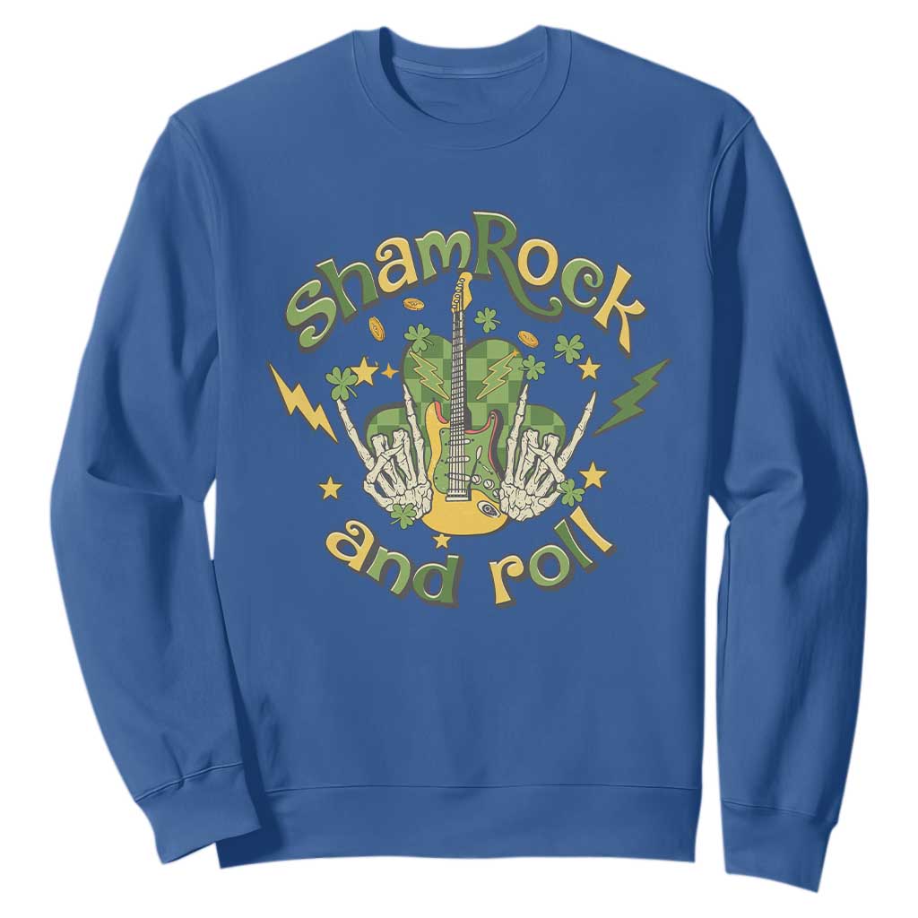 Funny St. Patricks Day Sweatshirt Shamrock 'N Roll Irish Music Rocking Skeleton Hand with Guitar TS02 Royal Blue Printyourwear
