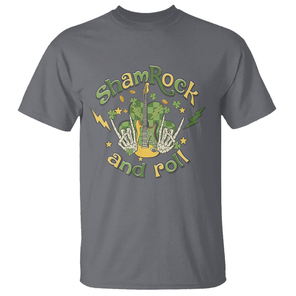 Funny St. Patricks Day T Shirt Shamrock 'N Roll Irish Music Rocking Skeleton Hand with Guitar TS02 Charcoal Printyourwear
