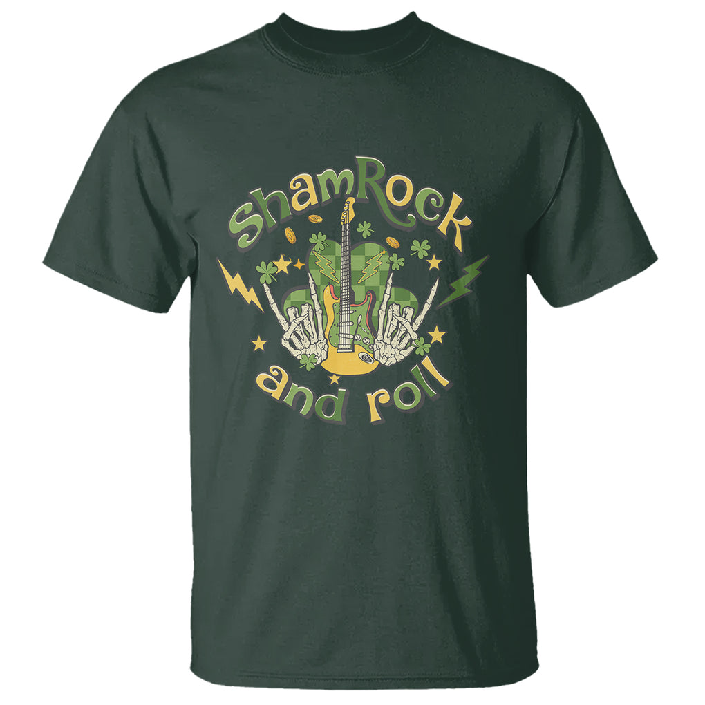 Funny St. Patricks Day T Shirt Shamrock 'N Roll Irish Music Rocking Skeleton Hand with Guitar TS02 Dark Forest Green Printyourwear