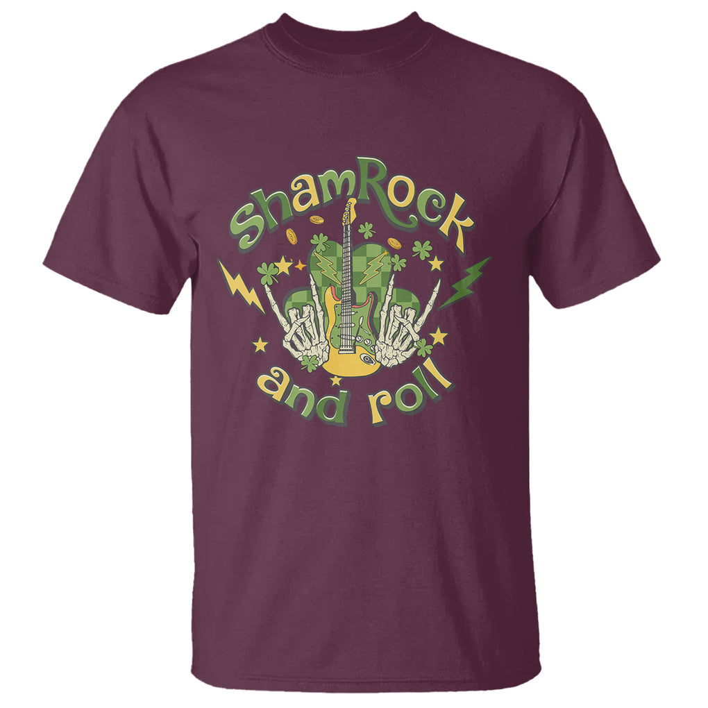 Funny St. Patricks Day T Shirt Shamrock 'N Roll Irish Music Rocking Skeleton Hand with Guitar TS02 Maroon Printyourwear