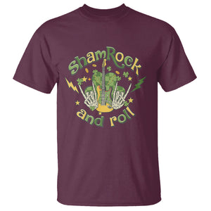 Funny St. Patricks Day T Shirt Shamrock 'N Roll Irish Music Rocking Skeleton Hand with Guitar TS02 Maroon Printyourwear