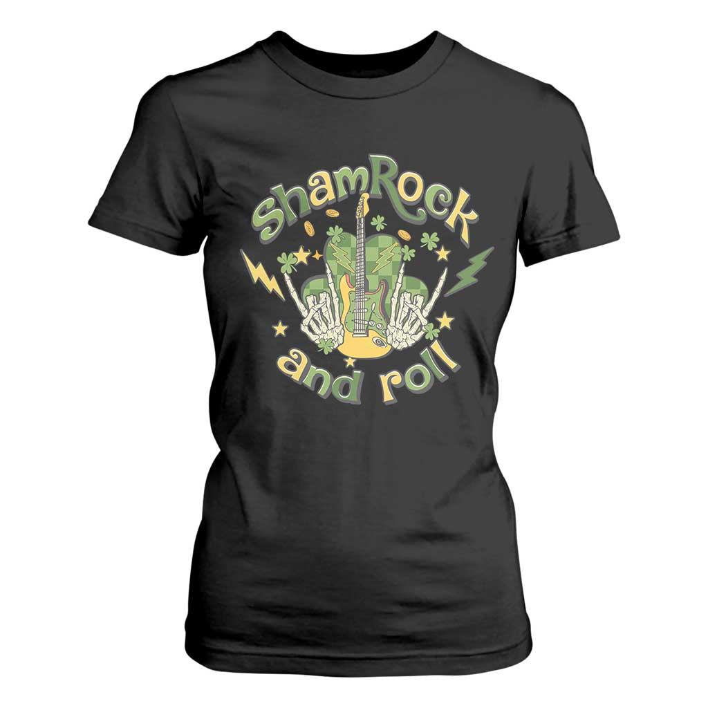 Funny St Patricks Day T Shirt For Women Shamrock 'N Roll Irish Music Rocking Skeleton Hand with Guitar TS02 Black Print Your Wear
