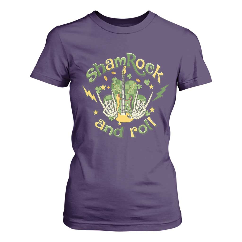 Funny St Patricks Day T Shirt For Women Shamrock 'N Roll Irish Music Rocking Skeleton Hand with Guitar TS02 Purple Print Your Wear