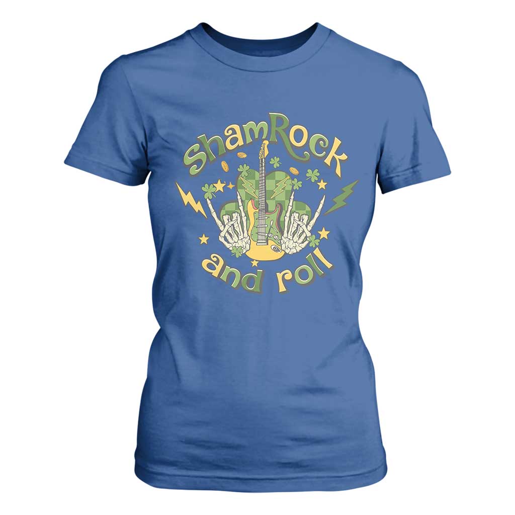 Funny St Patricks Day T Shirt For Women Shamrock 'N Roll Irish Music Rocking Skeleton Hand with Guitar TS02 Royal Blue Print Your Wear