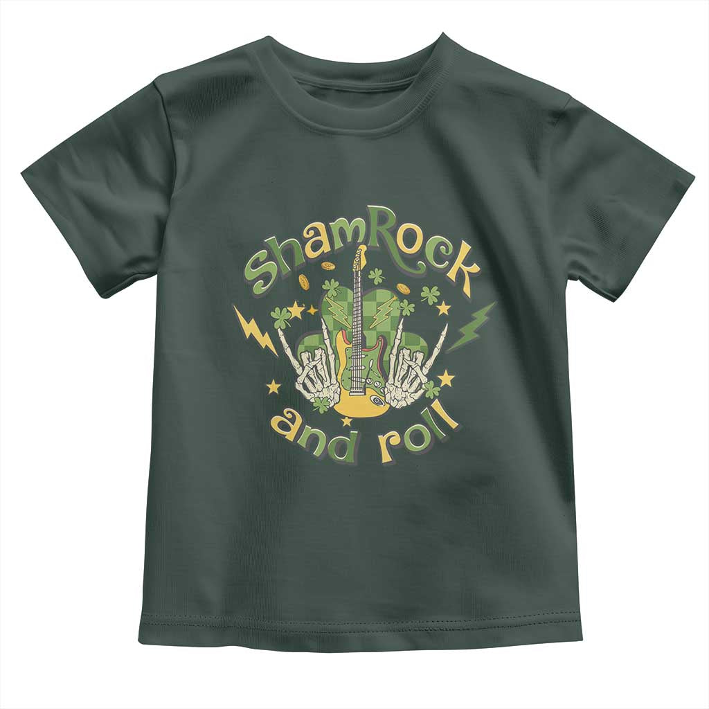 Funny St Patricks Day Toddler T Shirt Shamrock 'N Roll Irish Music Rocking Skeleton Hand with Guitar TS02 Dark Forest Green Print Your Wear
