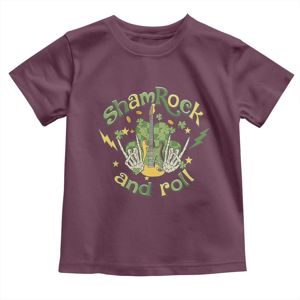 Funny St Patricks Day Toddler T Shirt Shamrock 'N Roll Irish Music Rocking Skeleton Hand with Guitar TS02 Maroon Print Your Wear