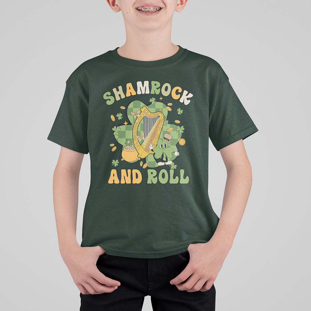 Funny St. Patricks Day T Shirt For Kid Shamrock 'N Roll Irish Music Celtic Harp TS02 Dark Forest Green Printyourwear