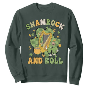 Funny St. Patricks Day Sweatshirt Shamrock 'N Roll Irish Music Celtic Harp TS02 Dark Forest Green Printyourwear