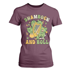 Funny St Patricks Day T Shirt For Women Shamrock 'N Roll Irish Music Celtic Harp TS02 Maroon Print Your Wear