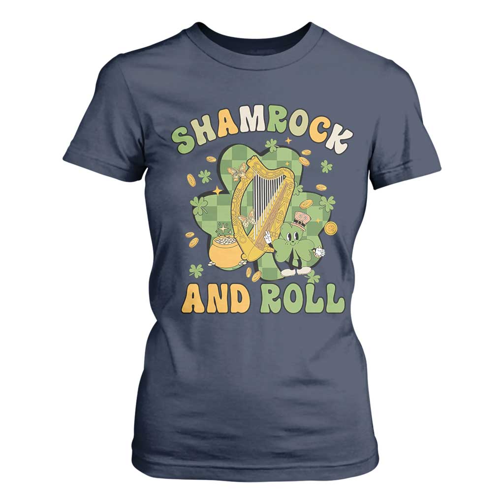 Funny St Patricks Day T Shirt For Women Shamrock 'N Roll Irish Music Celtic Harp TS02 Navy Print Your Wear