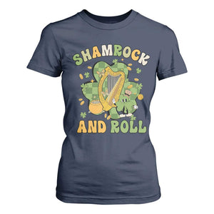 Funny St Patricks Day T Shirt For Women Shamrock 'N Roll Irish Music Celtic Harp TS02 Navy Print Your Wear