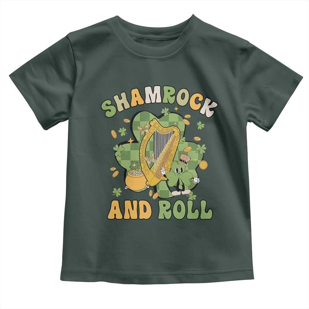 Funny St Patricks Day Toddler T Shirt Shamrock 'N Roll Irish Music Celtic Harp TS02 Dark Forest Green Print Your Wear