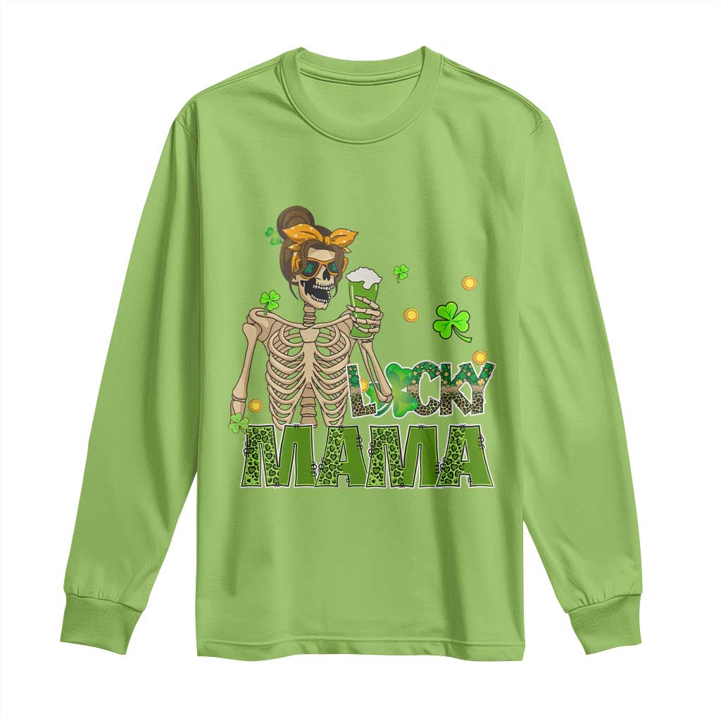 Irish Skeleton Mom Long Sleeve Shirt Lucky Mama Messy Bun Drinking Beer St Patrick's Day Mother's Day TS02 Lime Print Your Wear