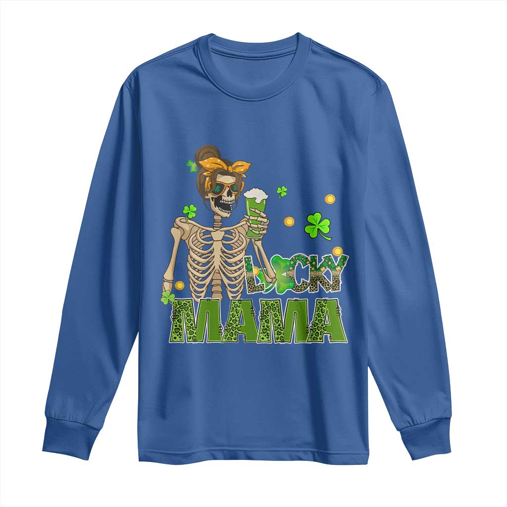 Irish Skeleton Mom Long Sleeve Shirt Lucky Mama Messy Bun Drinking Beer St Patrick's Day Mother's Day TS02 Royal Blue Print Your Wear