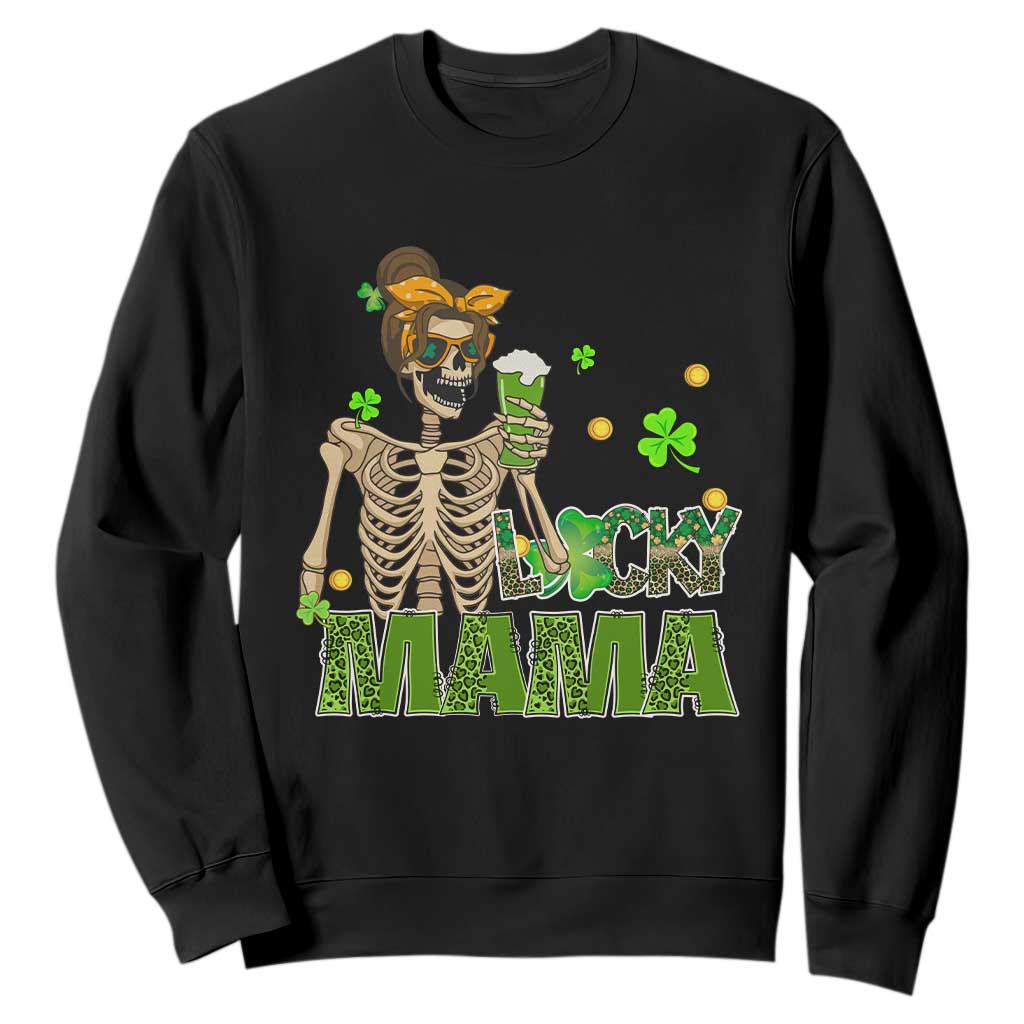 Irish Skeleton Mom Sweatshirt Lucky Mama Messy Bun Drinking Beer St Patrick's Day Mother's Day TS02 Black Printyourwear