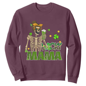 Irish Skeleton Mom Sweatshirt Lucky Mama Messy Bun Drinking Beer St Patrick's Day Mother's Day TS02 Maroon Printyourwear