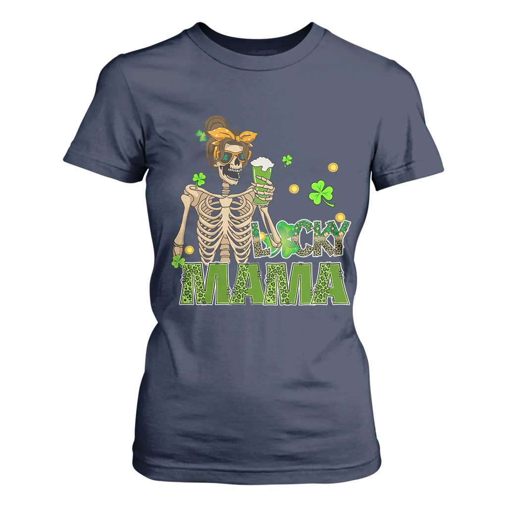 Irish Skeleton Mom T Shirt For Women Lucky Mama Messy Bun Drinking Beer St Patrick's Day Mother's Day TS02 Navy Print Your Wear