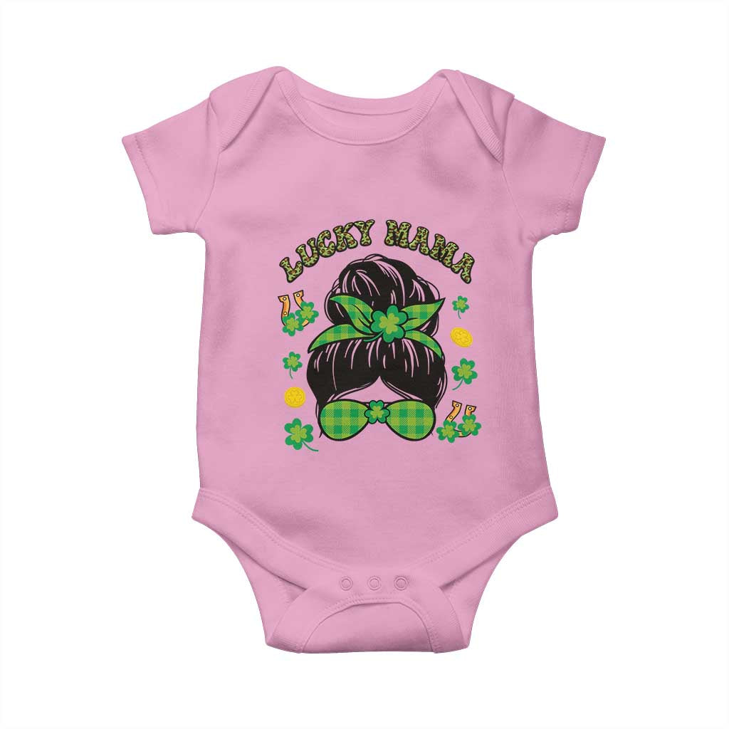 Funny St Patricks Day Baby Onesie Lucky Mama Messy Bun Mom TS02 Light Pink Print Your Wear