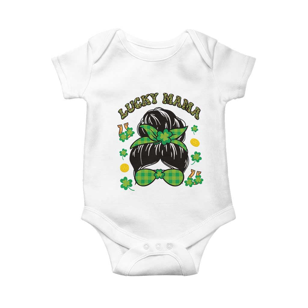Funny St Patricks Day Baby Onesie Lucky Mama Messy Bun Mom TS02 White Print Your Wear