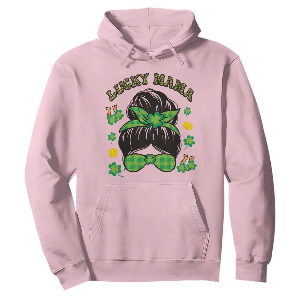 Funny St. Patricks Day Hoodie Lucky Mama Messy Bun Mom TS02 Light Pink Printyourwear