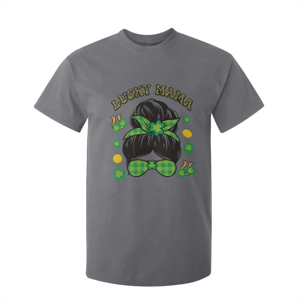 Funny St Patricks Day T Shirt For Kid Lucky Mama Messy Bun Mom TS02 Charcoal Print Your Wear