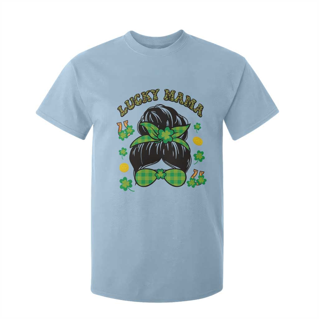 Funny St Patricks Day T Shirt For Kid Lucky Mama Messy Bun Mom TS02 Light Blue Print Your Wear