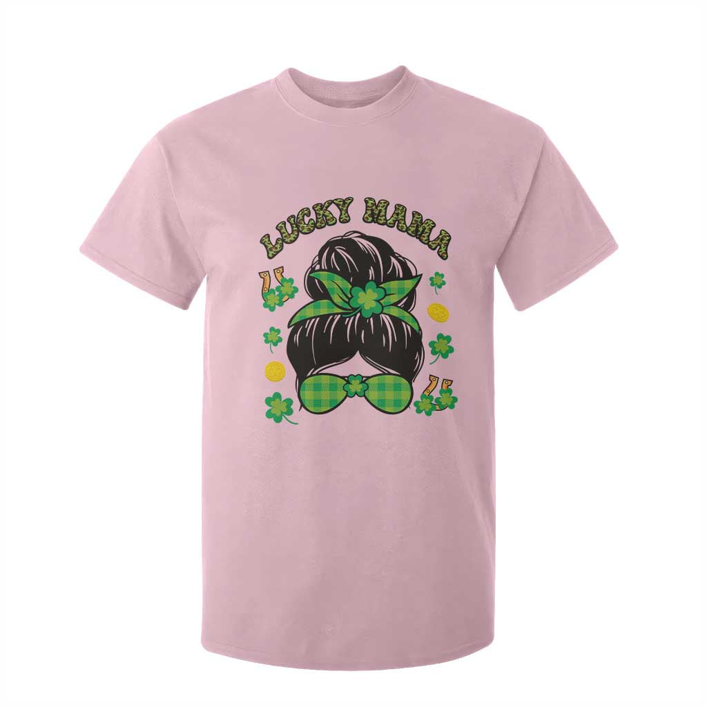 Funny St Patricks Day T Shirt For Kid Lucky Mama Messy Bun Mom TS02 Light Pink Print Your Wear