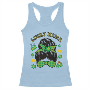 Funny St Patricks Day Racerback Tank Top Lucky Mama Messy Bun Mom TS02 Light Blue Print Your Wear