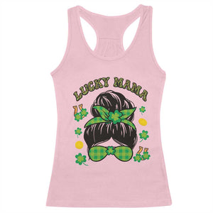 Funny St Patricks Day Racerback Tank Top Lucky Mama Messy Bun Mom TS02 Light Pink Print Your Wear