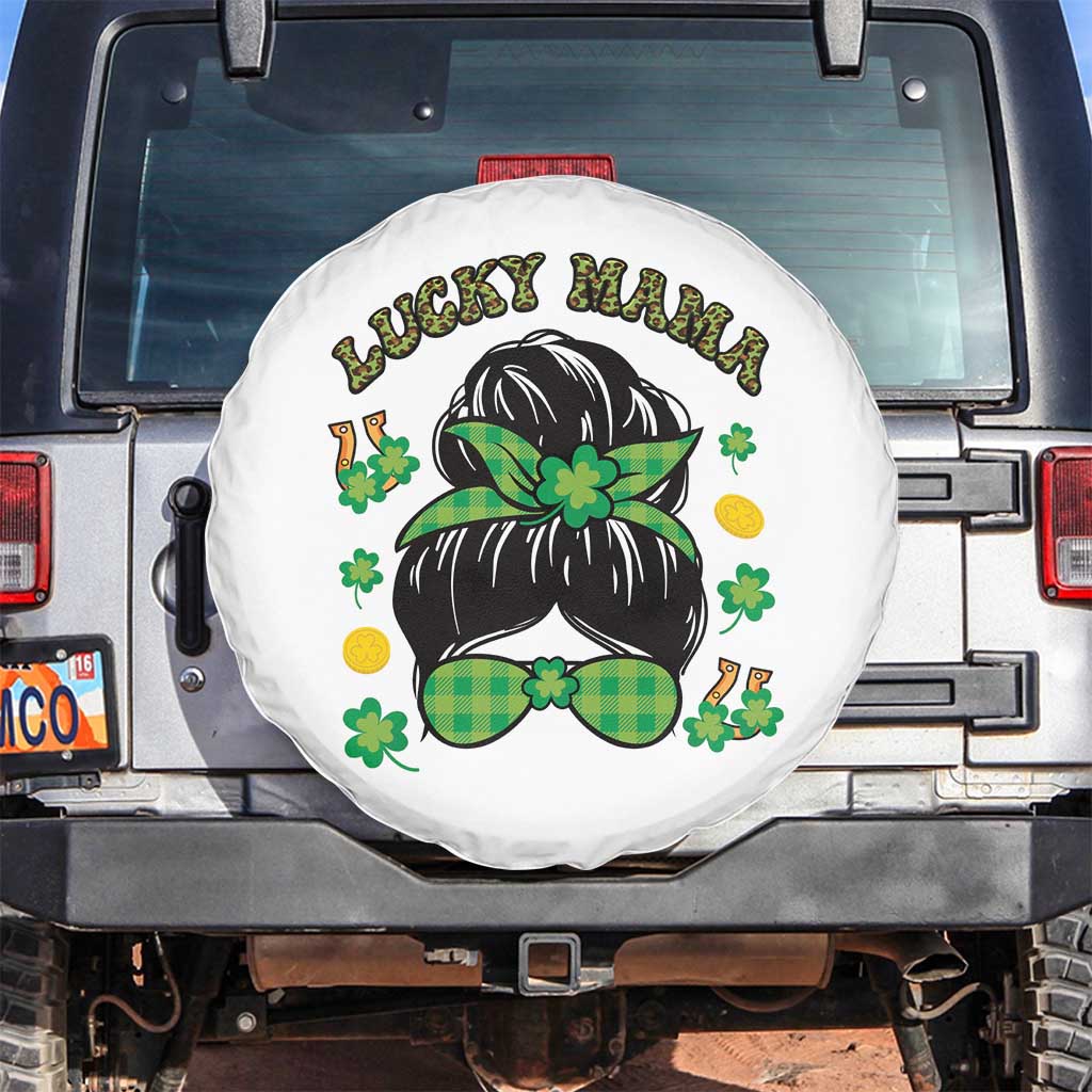 Funny St Patricks Day Spare Tire Cover Lucky Mama Messy Bun Mom TS02 No hole White Print Your Wear