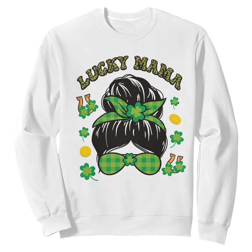Funny St. Patricks Day Sweatshirt Lucky Mama Messy Bun Mom TS02 White Printyourwear