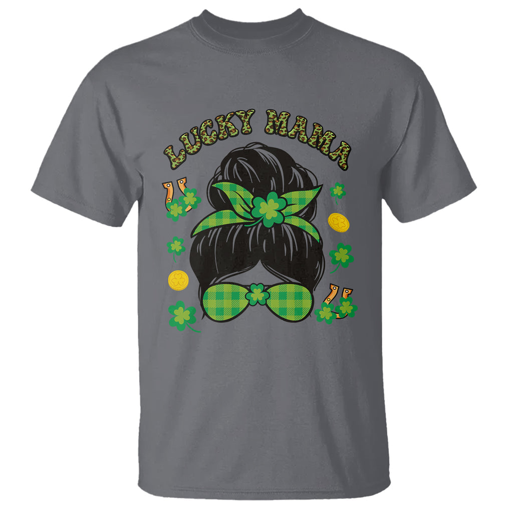 Funny St. Patricks Day T Shirt Lucky Mama Messy Bun Mom TS02 Charcoal Printyourwear