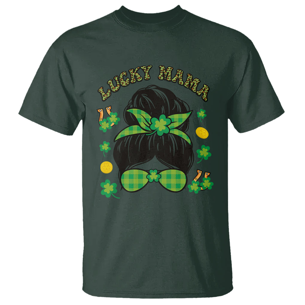 Funny St. Patricks Day T Shirt Lucky Mama Messy Bun Mom TS02 Dark Forest Green Printyourwear