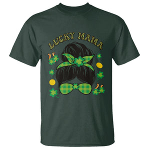 Funny St. Patricks Day T Shirt Lucky Mama Messy Bun Mom TS02 Dark Forest Green Printyourwear