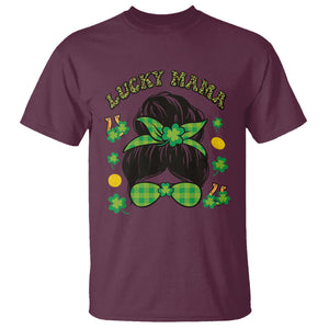 Funny St. Patricks Day T Shirt Lucky Mama Messy Bun Mom TS02 Maroon Printyourwear