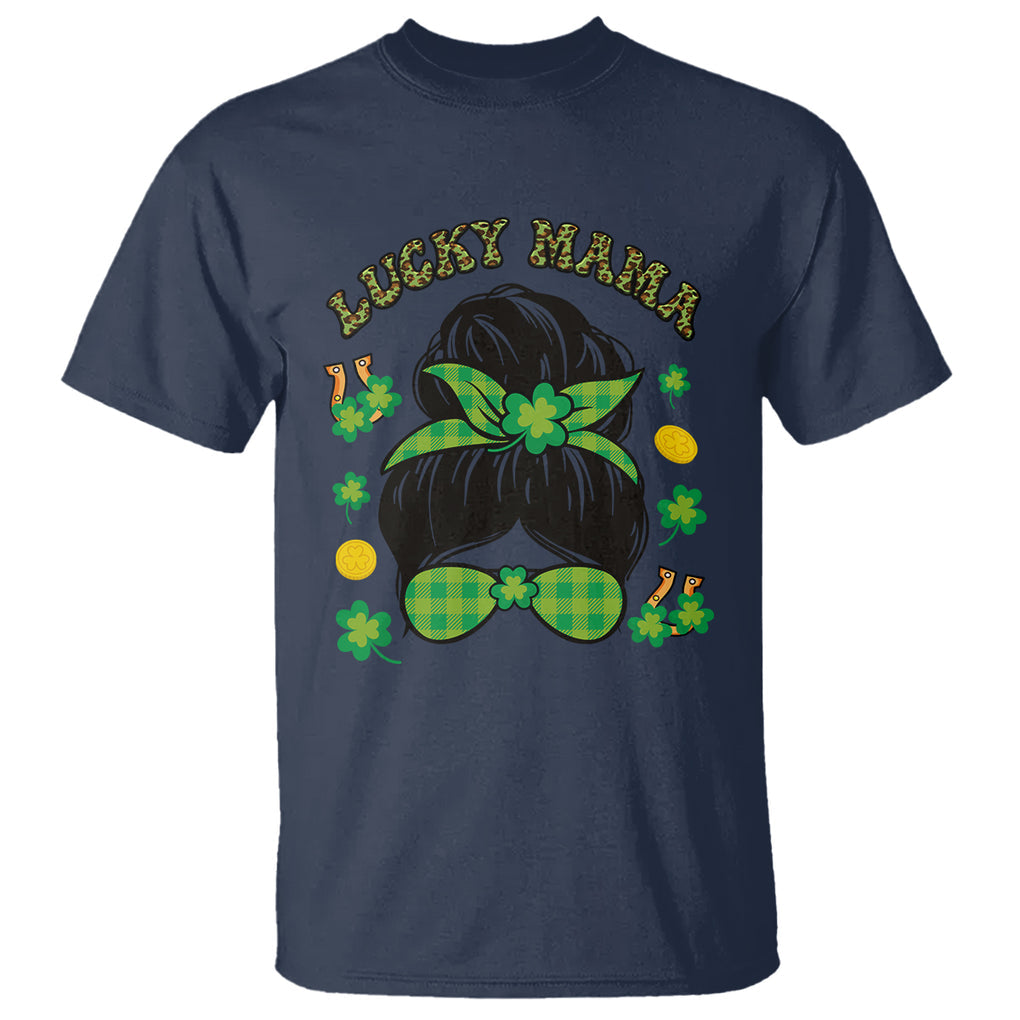 Funny St. Patricks Day T Shirt Lucky Mama Messy Bun Mom TS02 Navy Printyourwear