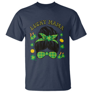 Funny St. Patricks Day T Shirt Lucky Mama Messy Bun Mom TS02 Navy Printyourwear
