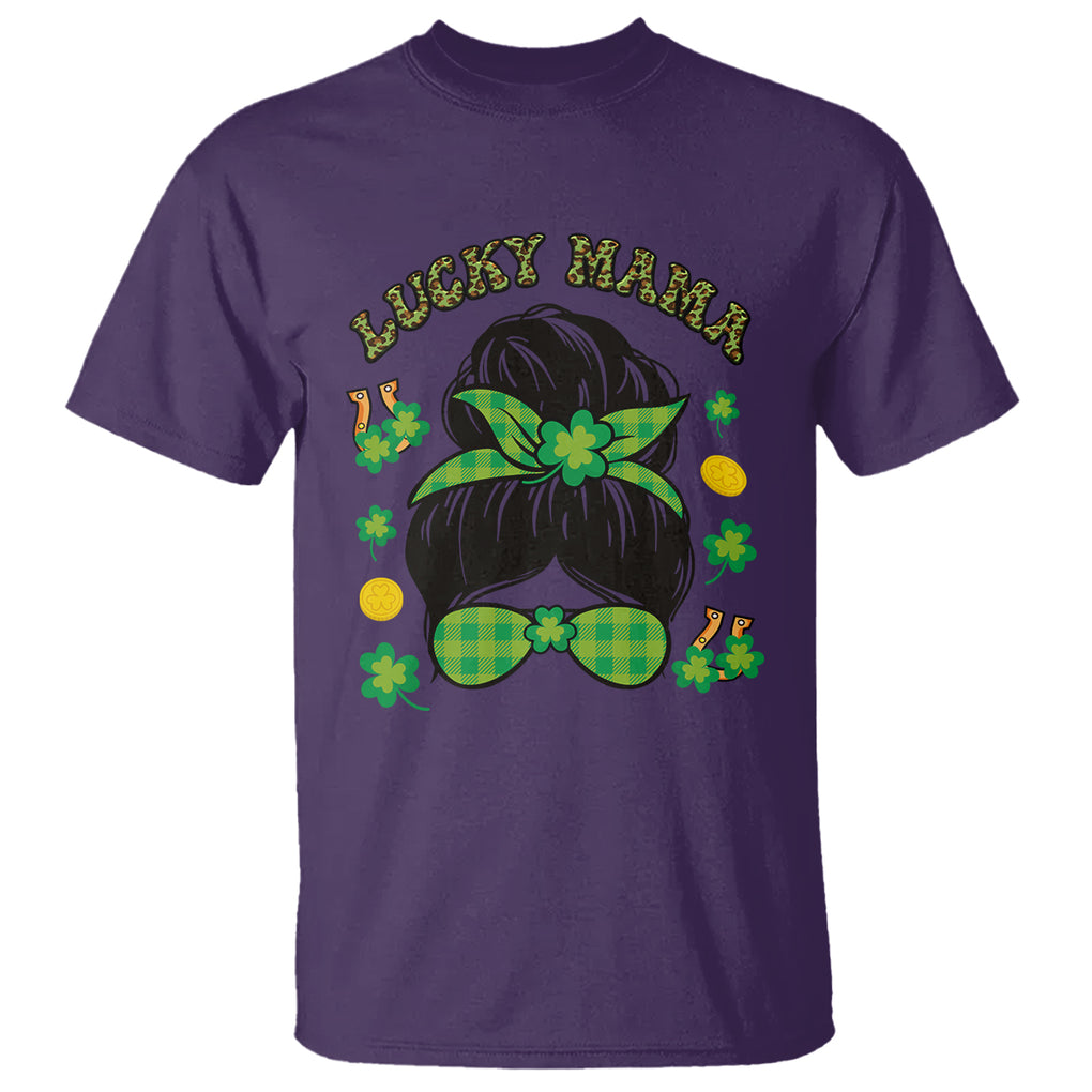 Funny St. Patricks Day T Shirt Lucky Mama Messy Bun Mom TS02 Purple Printyourwear