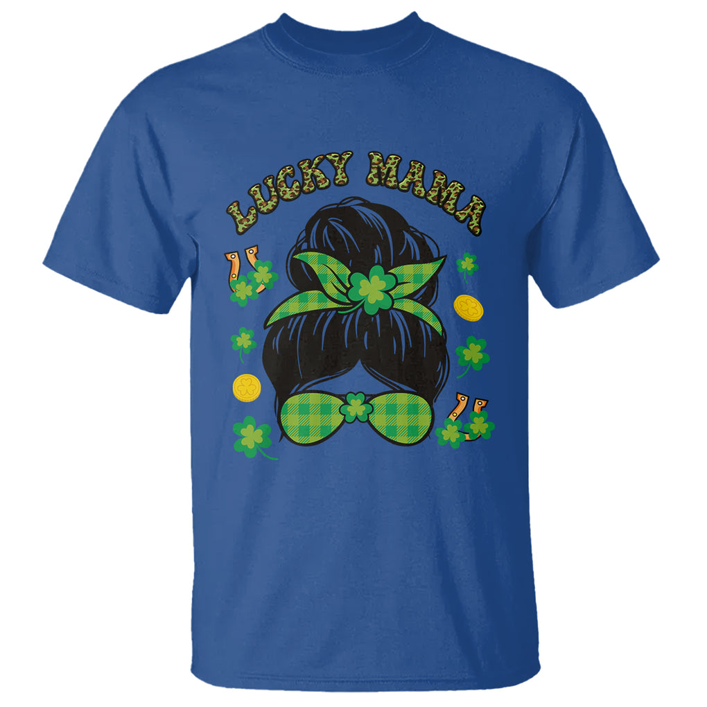 Funny St. Patricks Day T Shirt Lucky Mama Messy Bun Mom TS02 Royal Blue Printyourwear