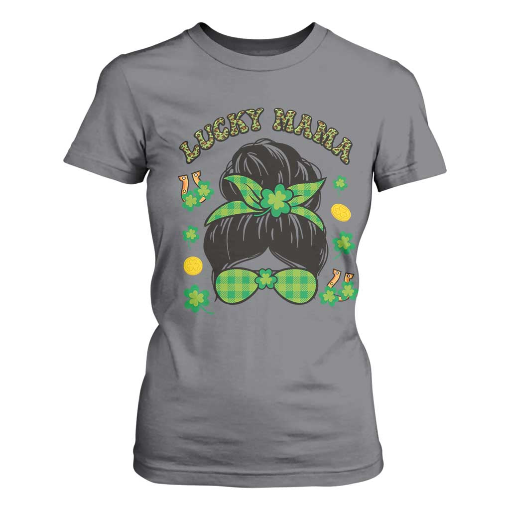 Funny St Patricks Day T Shirt For Women Lucky Mama Messy Bun Mom TS02 Charcoal Print Your Wear