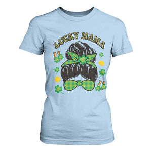 Funny St Patricks Day T Shirt For Women Lucky Mama Messy Bun Mom TS02 Light Blue Print Your Wear