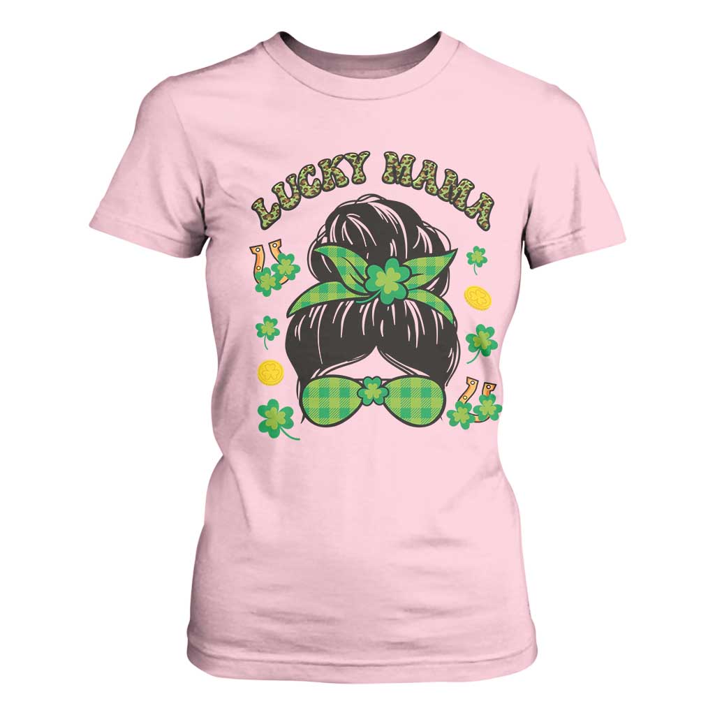 Funny St Patricks Day T Shirt For Women Lucky Mama Messy Bun Mom TS02 Light Pink Print Your Wear